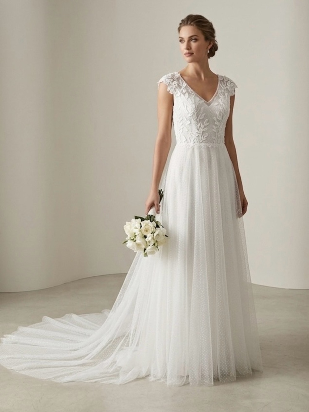 Elegant Light Ivory Lace and Dotted Tulle Wedding Dress